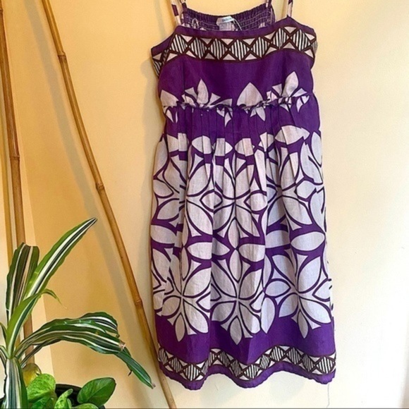 Day Dress Linen Feel Pleated Purple Print Dress - Picture 3 of 12